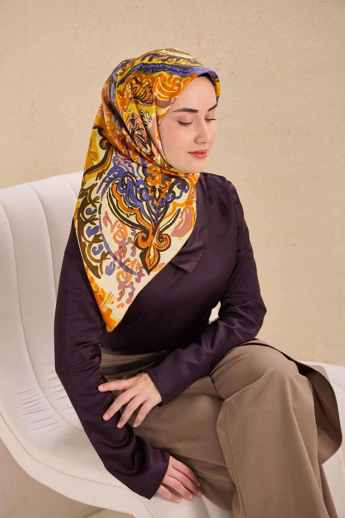 Twill İpek Eşarp Art Desen Turuncu 90x90