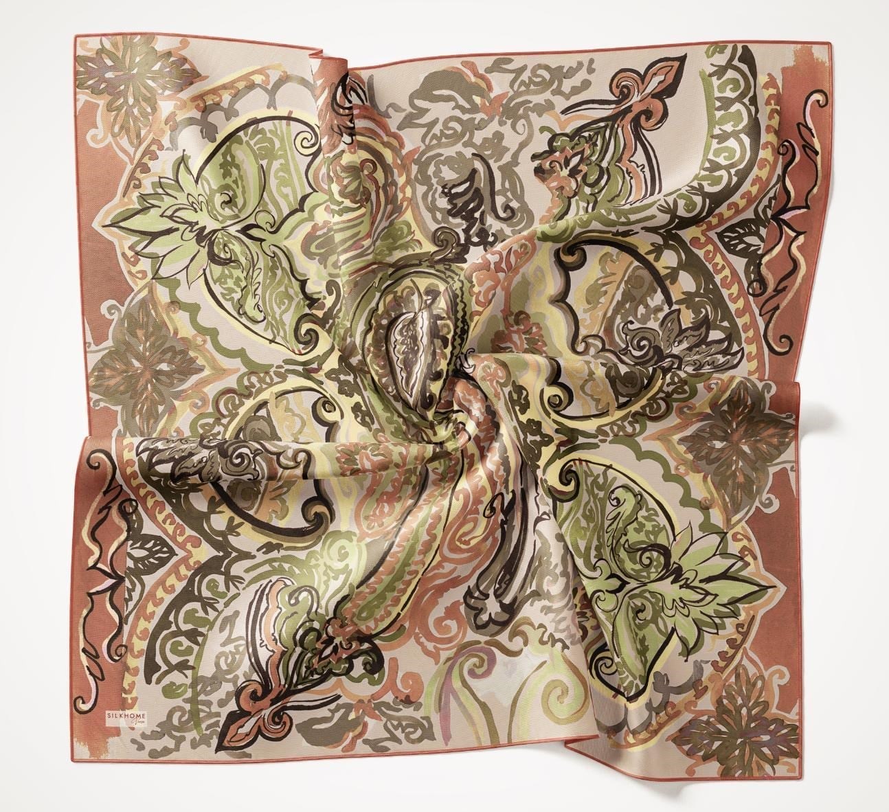 Twill İpek Eşarp Art Desen Yeşil Sarı 90x90