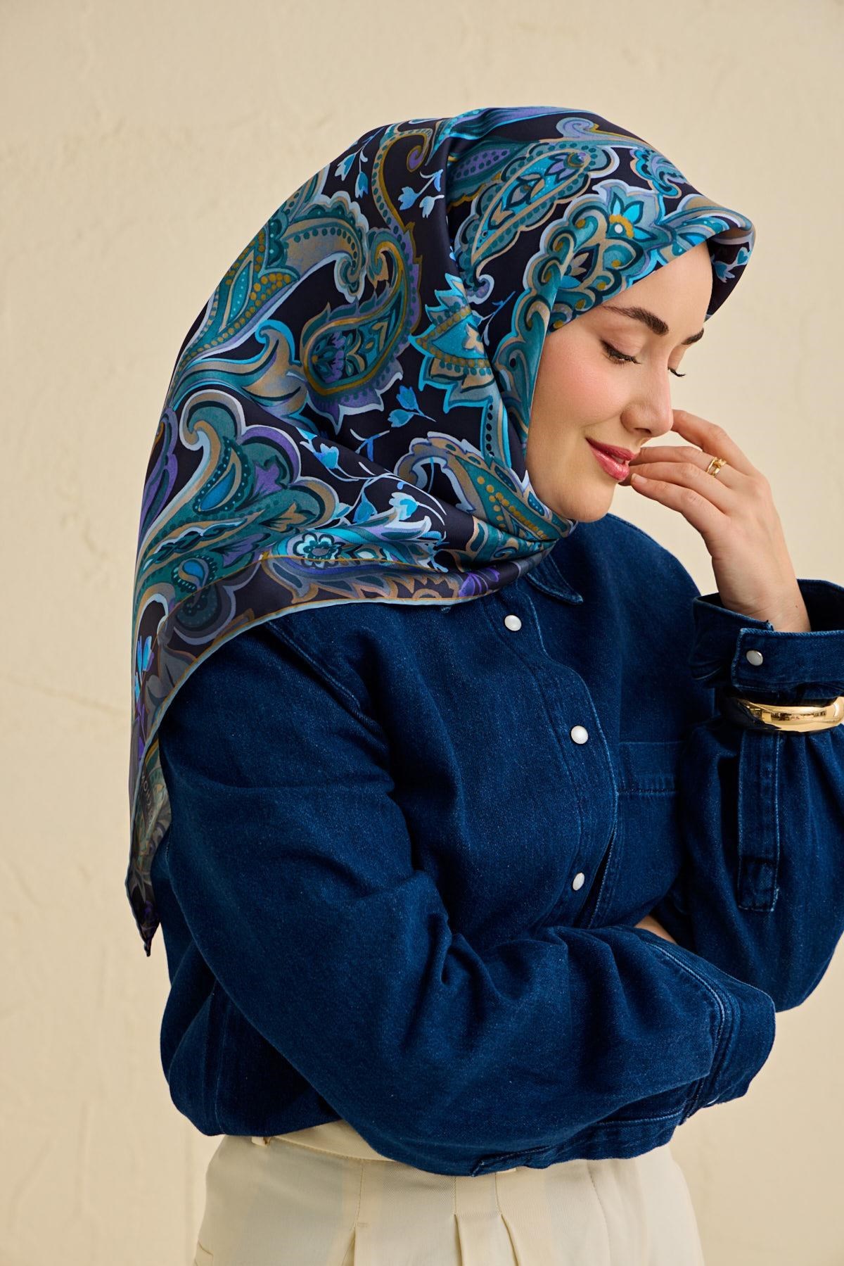 Twill İpek Eşarp Badem Motif Desen Gece Mavisi 90x90