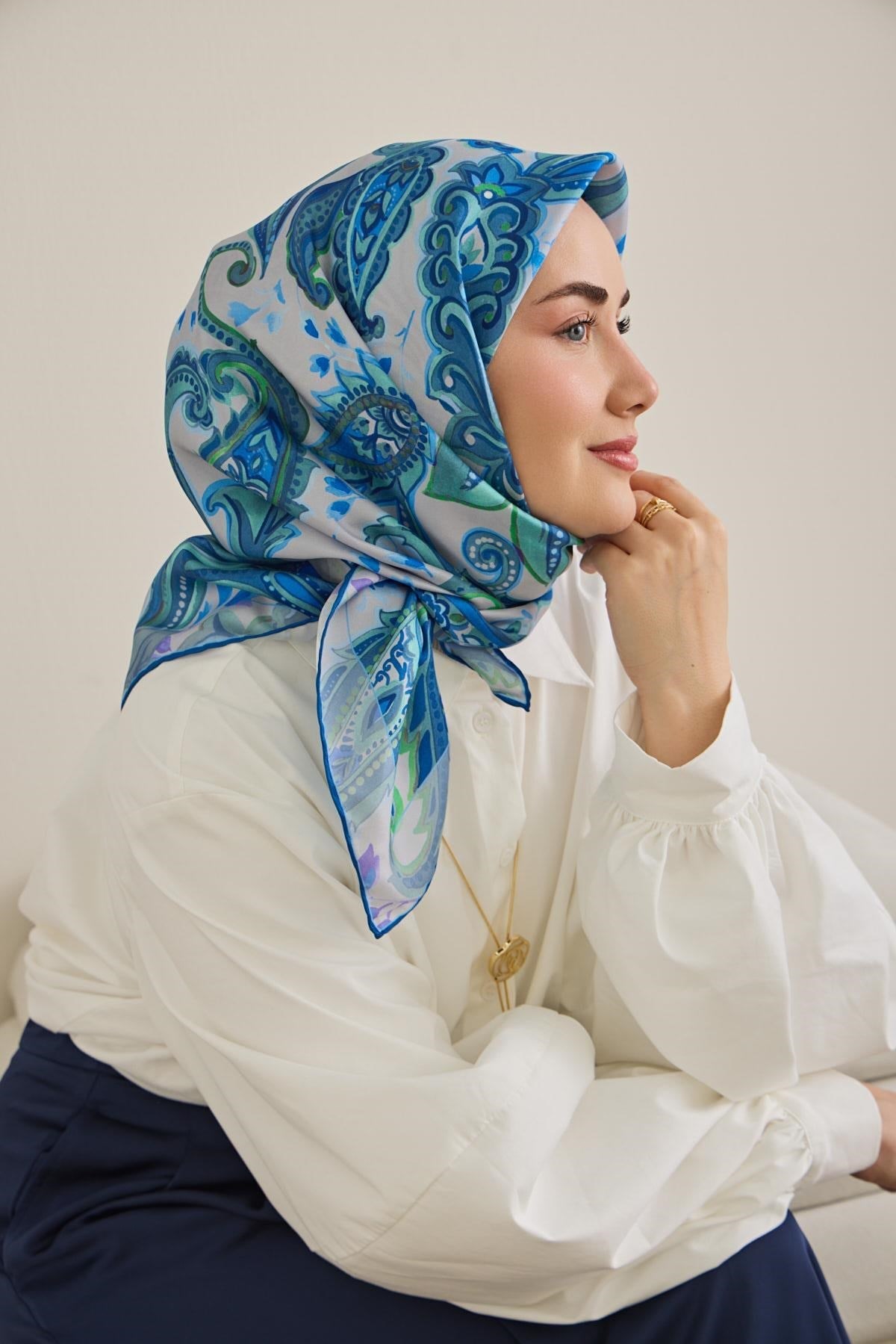 Twill İpek Eşarp Badem Motif Desen Gümüş 90x90