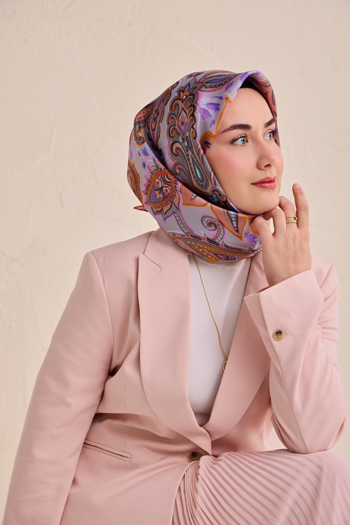 Twill İpek Eşarp Badem Motif Desen Lila 90x90