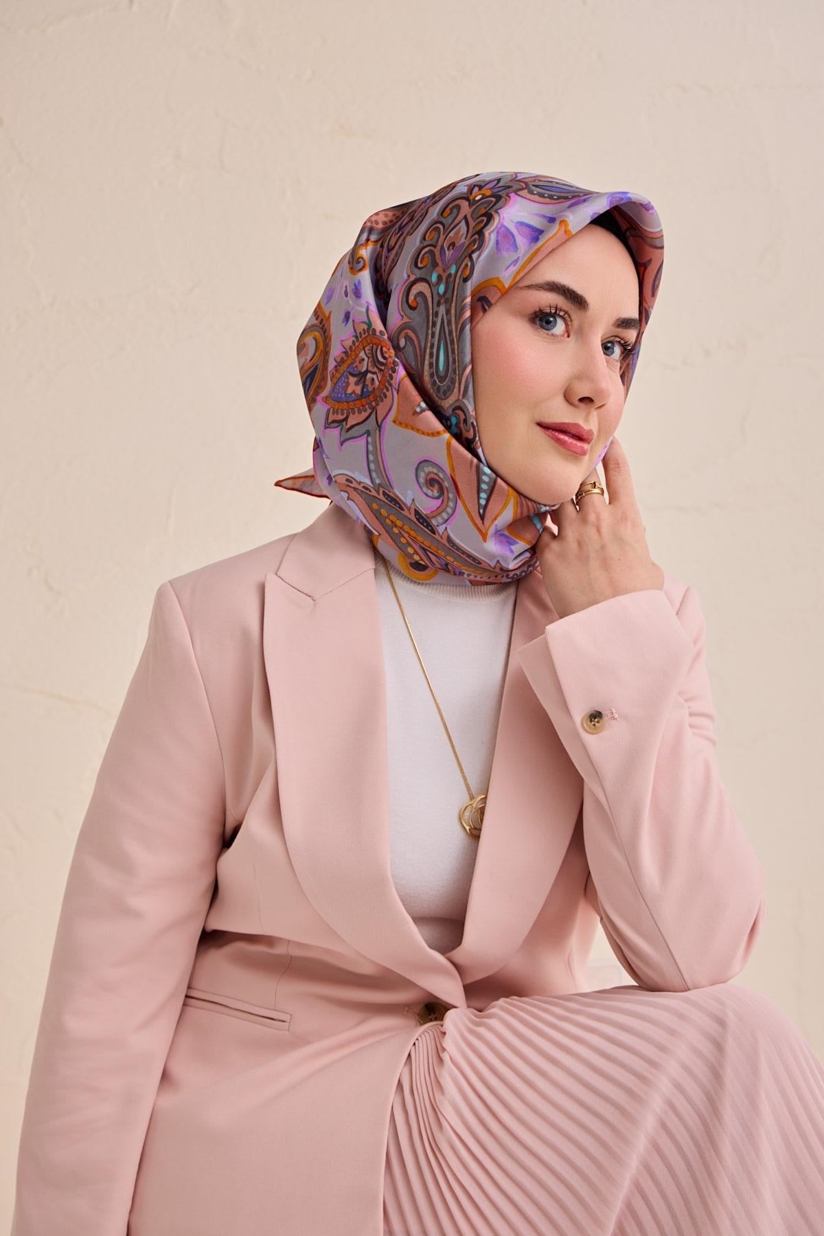 Twill İpek Eşarp Badem Motif Desen Lila 90x90