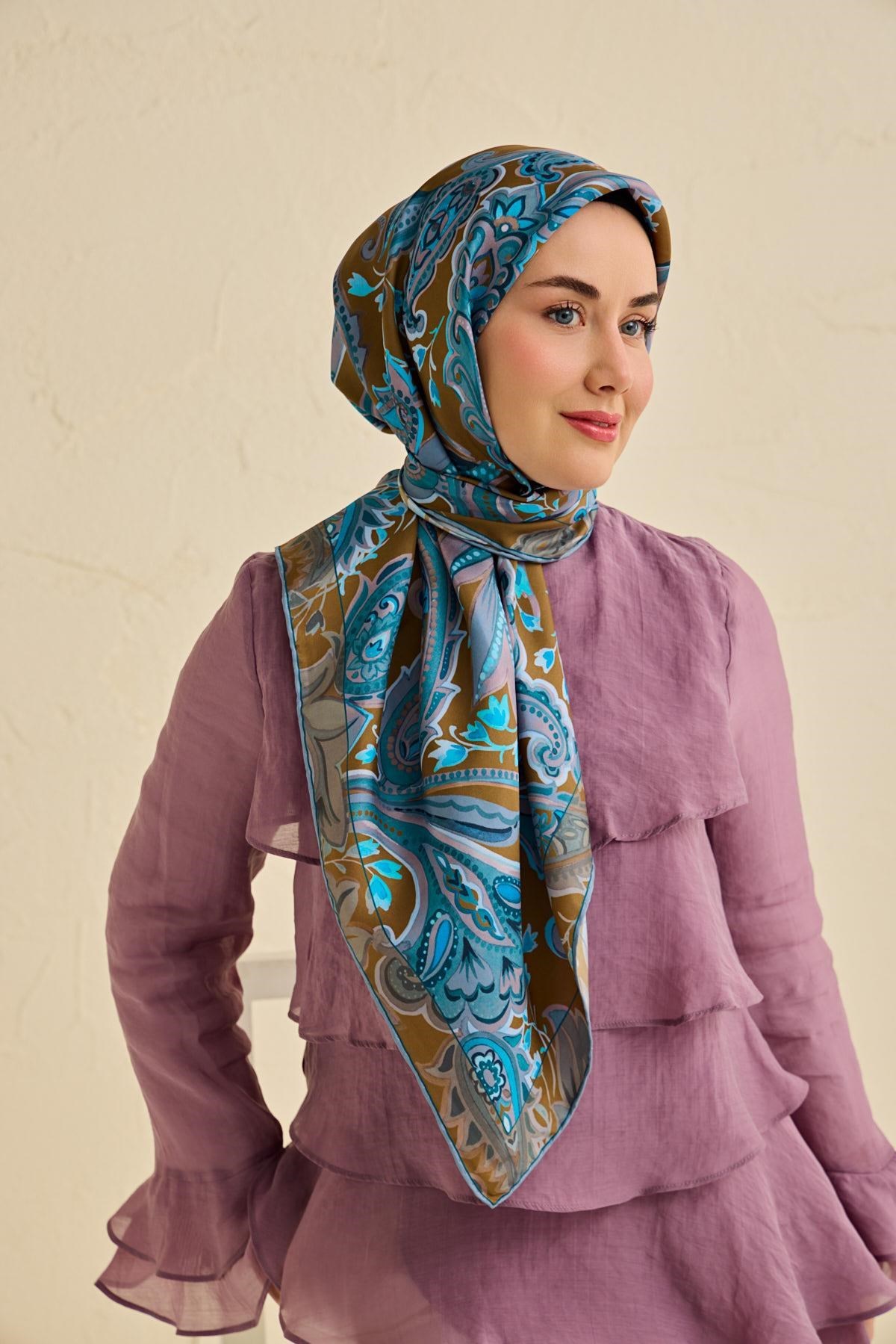 Twill İpek Eşarp Badem Motif Desen Taba 90x90