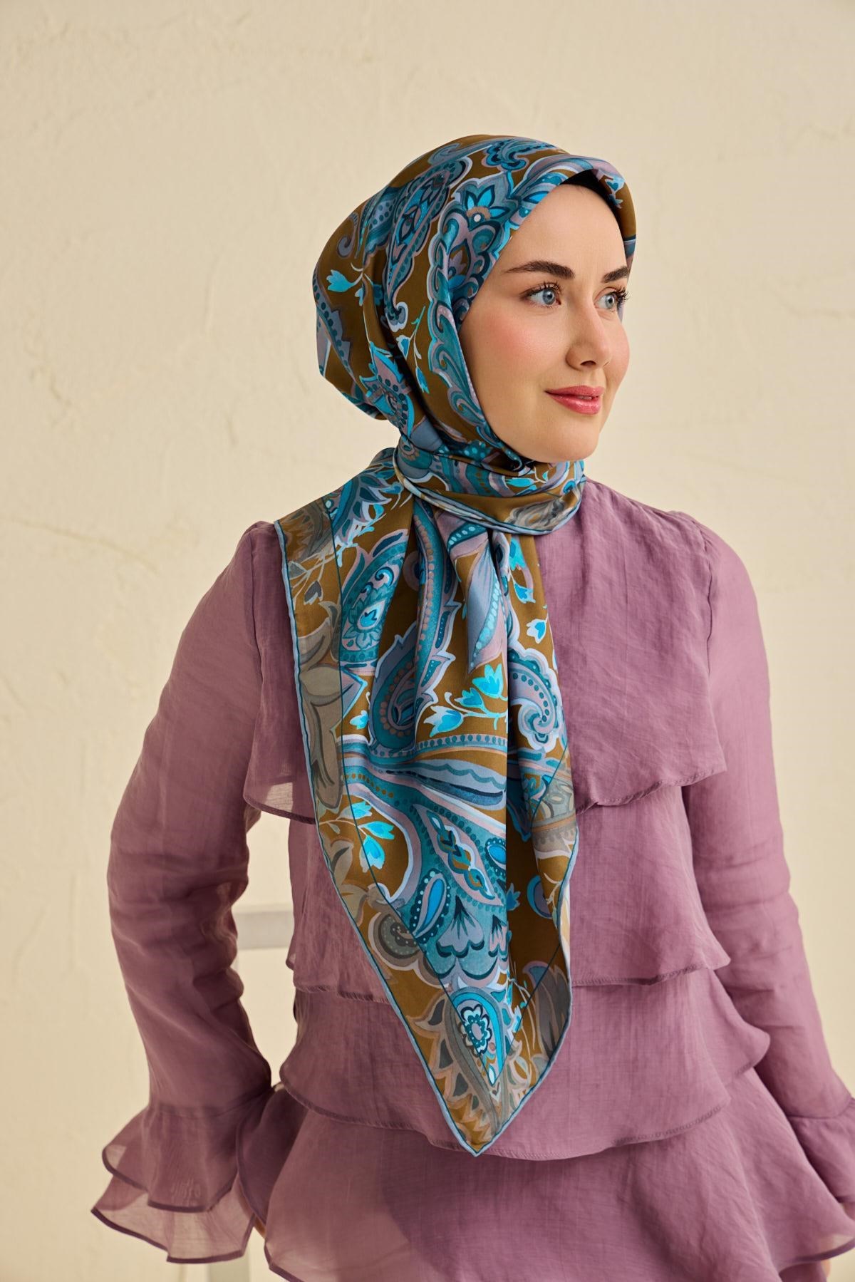 Twill İpek Eşarp Badem Motif Desen Taba 90x90