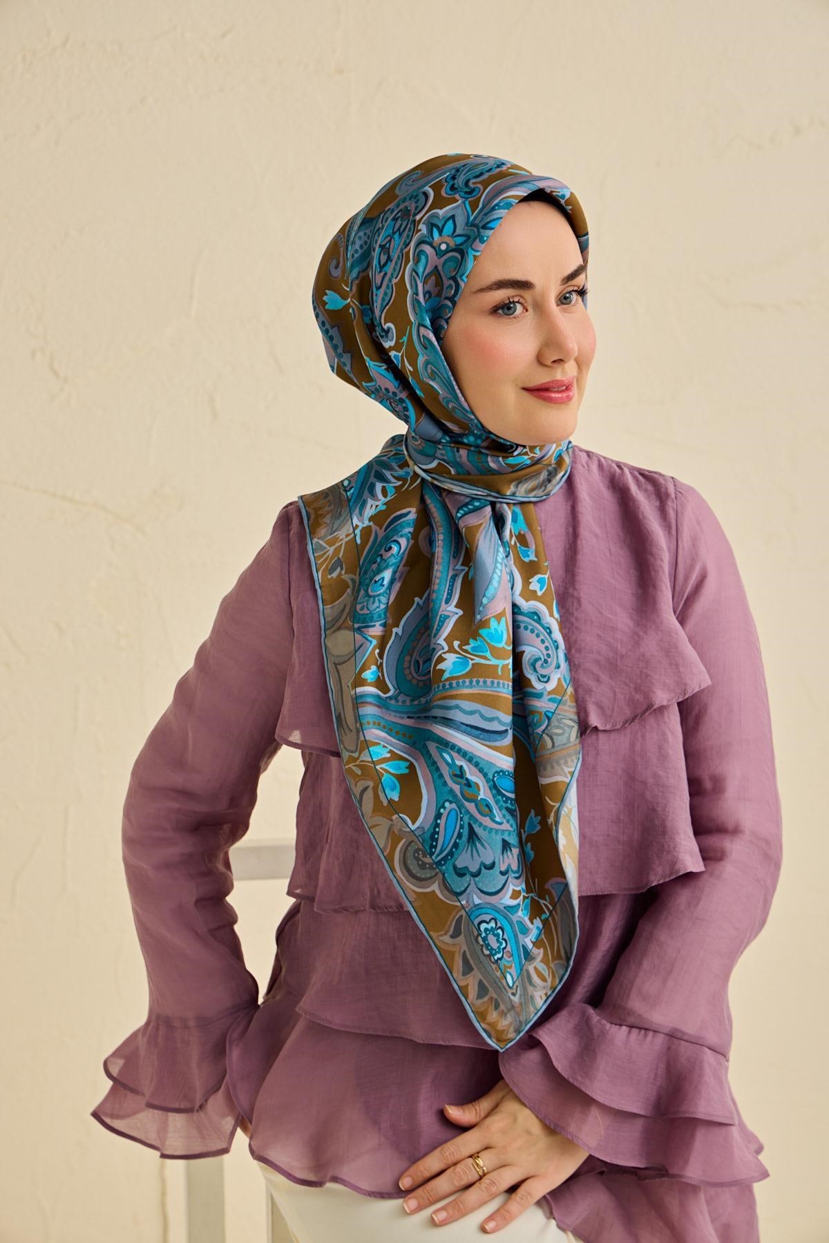 Twill İpek Eşarp Badem Motif Desen Taba 90x90