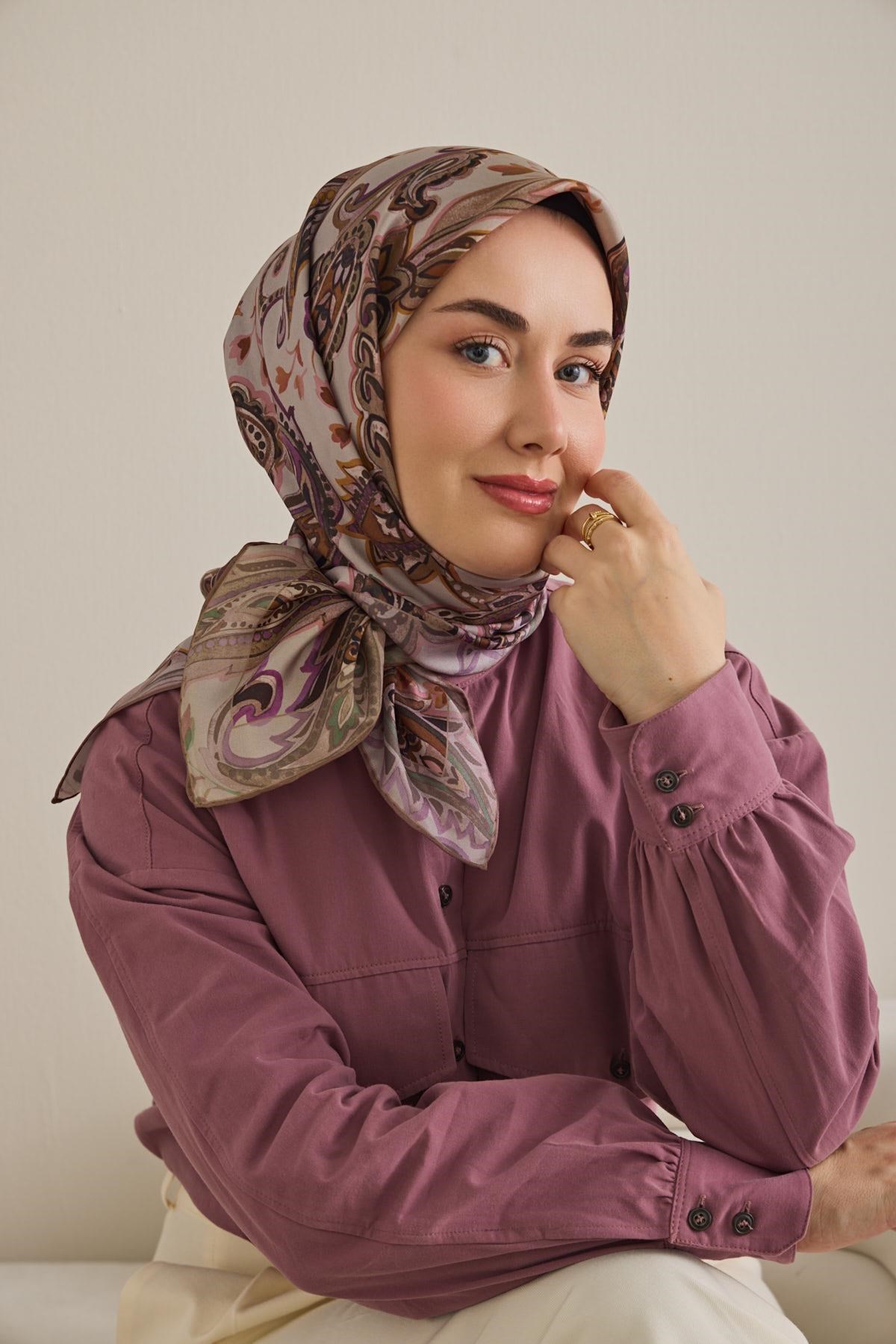 Twill İpek Eşarp Badem Motif Desen Taş 90x90