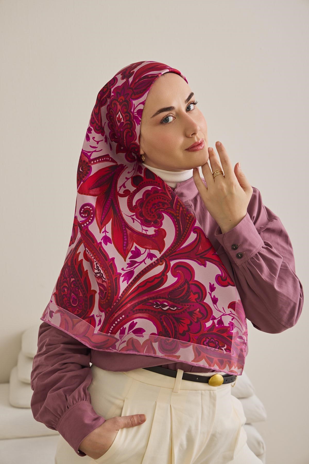 Twill İpek Eşarp Badem Motif Desen Toz Pembe 90x90