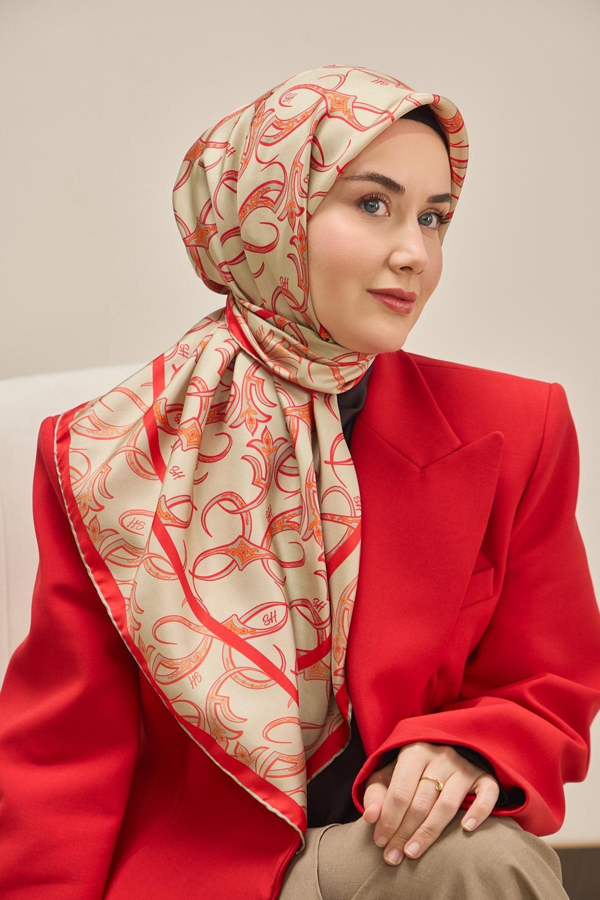 Twill İpek Eşarp Barok Yeşil Bej 90x90