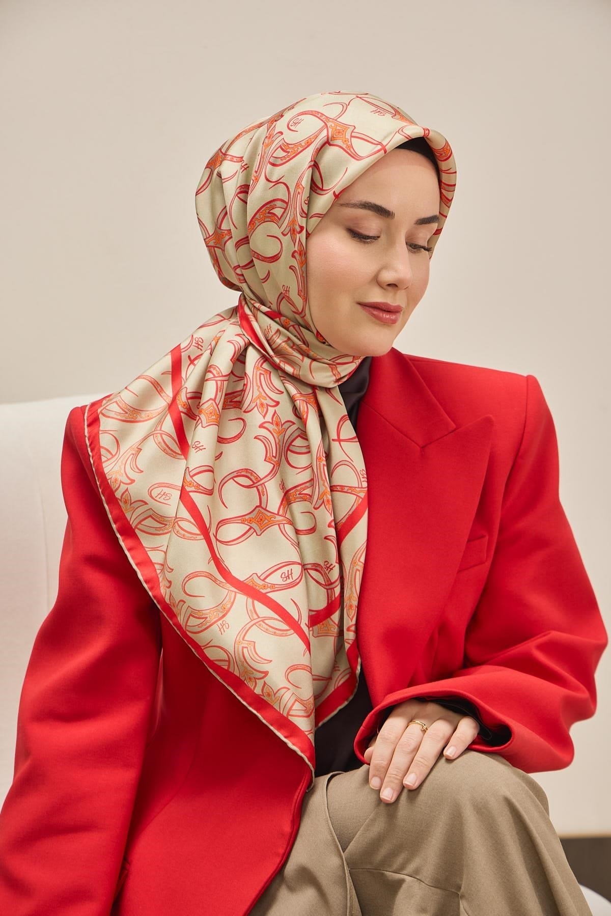 Twill İpek Eşarp Barok Yeşil Bej 90x90