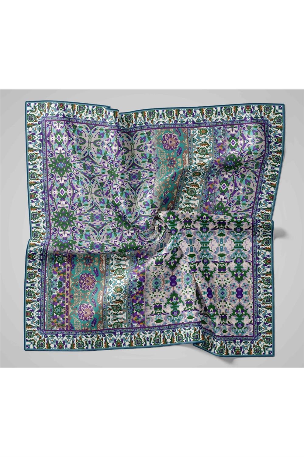 Twill İpek Eşarp Beyaz–Turkuaz Desenli Tok Duruşlu Kaymaz 90x90