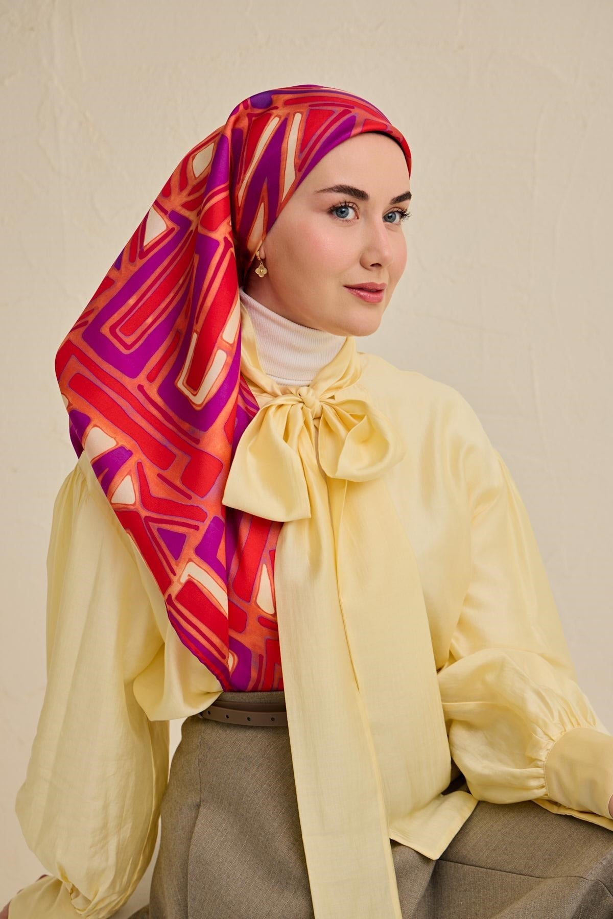 Twill İpek Eşarp Bohem Atlas Desen Somon 90x90