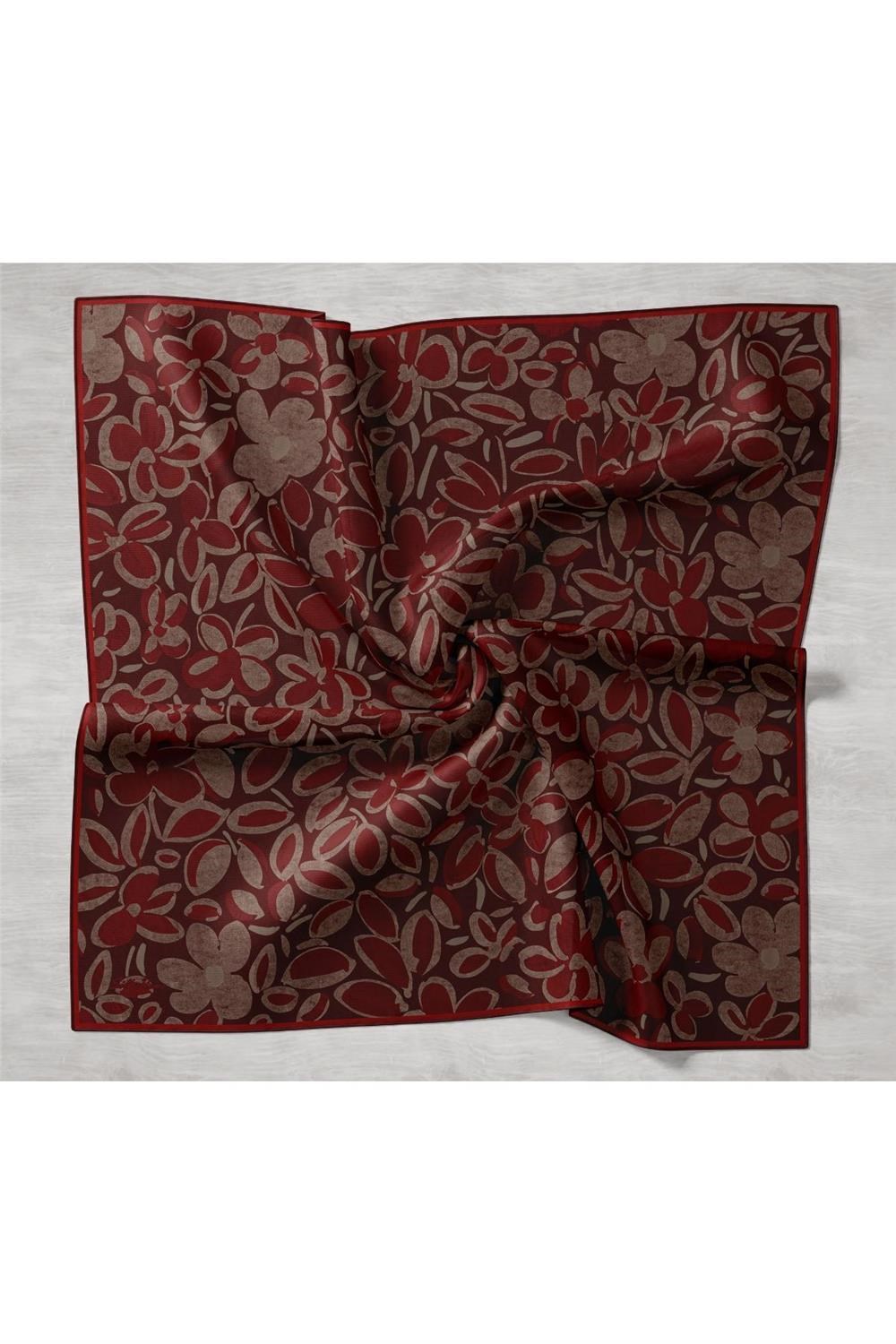 Twill İpek Eşarp Bordo Kahve Pudra Vizon Papatya Desenli Tok Duruşlu 90x90