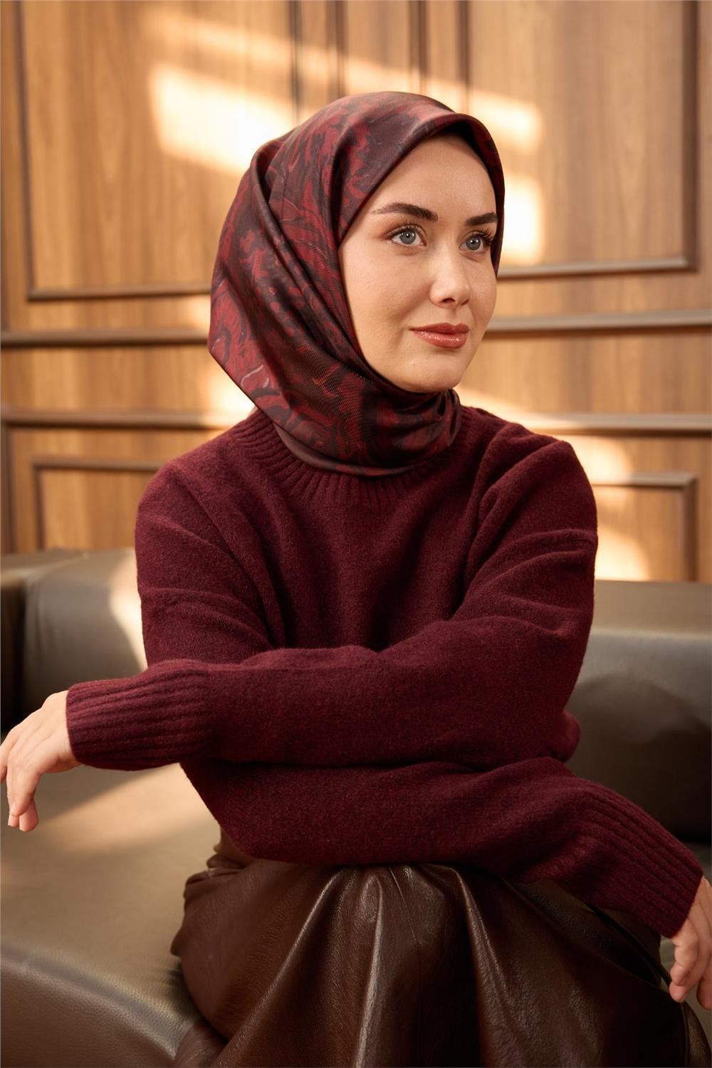 Twill İpek Eşarp Bordo-Koyu Kırmızı Desenli Tok Duruşlu 90x90