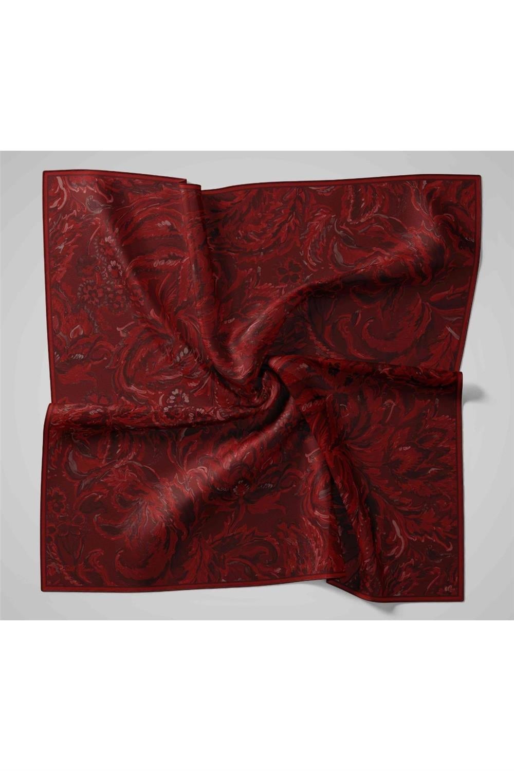 Twill İpek Eşarp Bordo-Koyu Kırmızı Desenli Tok Duruşlu 90x90