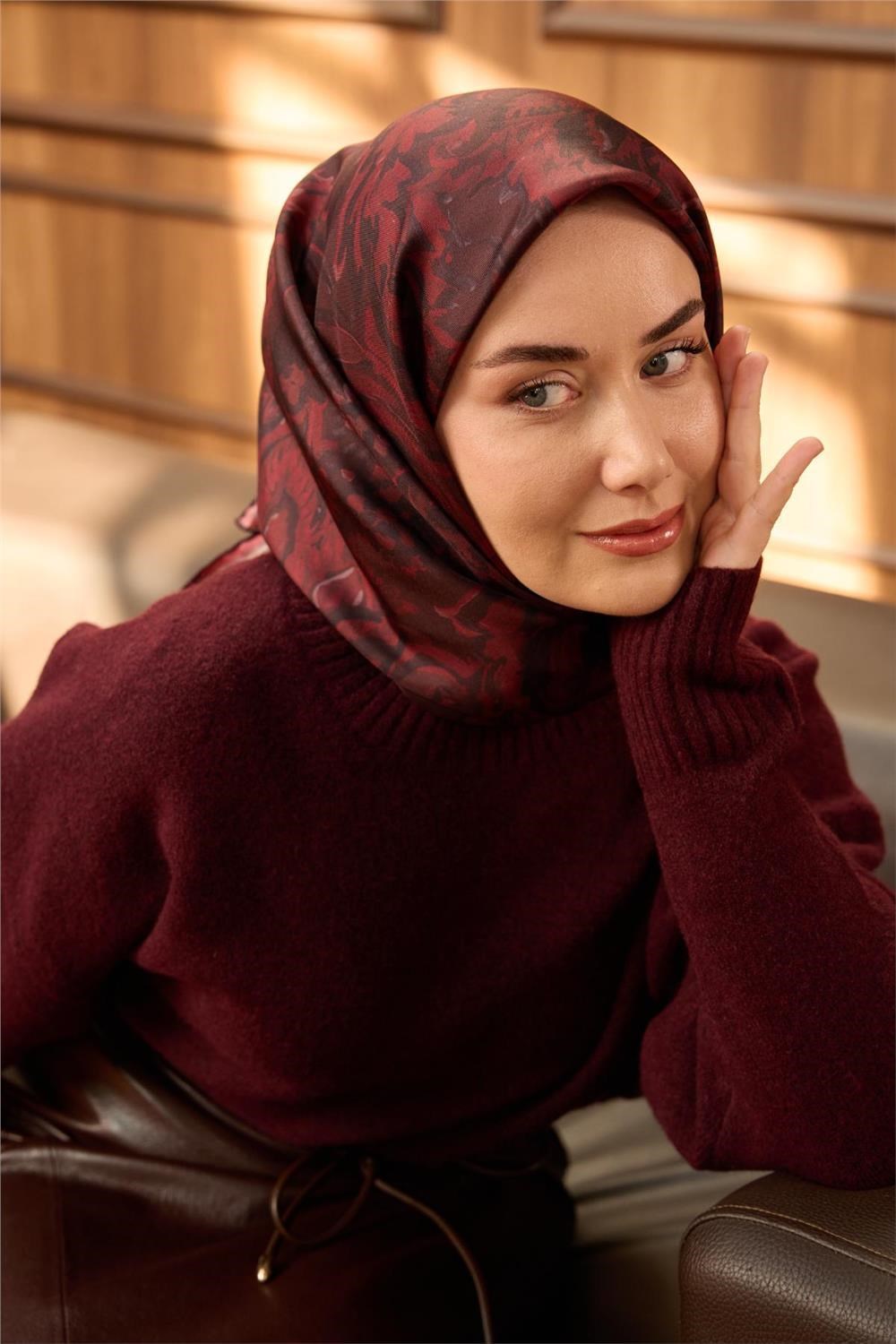 Twill İpek Eşarp Bordo-Koyu Kırmızı Desenli Tok Duruşlu 90x90
