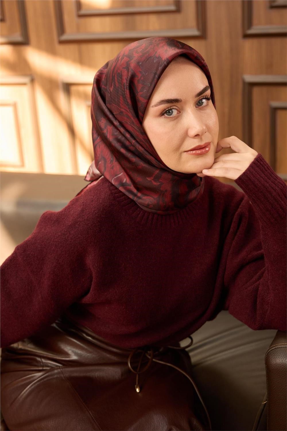 Twill İpek Eşarp Bordo-Koyu Kırmızı Desenli Tok Duruşlu 90x90