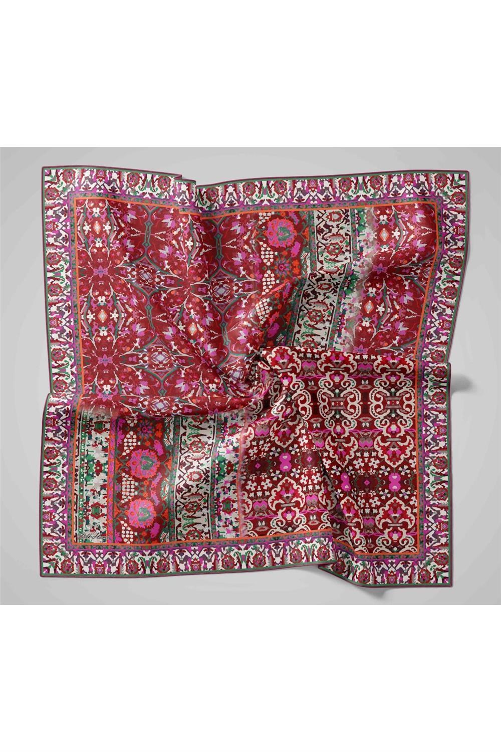 Twill İpek Eşarp Bordo–Pembe Desenli Tok Duruşlu Kaymaz 90x90