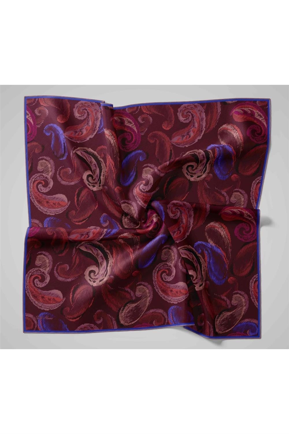 Twill İpek Eşarp Bordo–Saks Desenli Tok Duruşlu 90x90