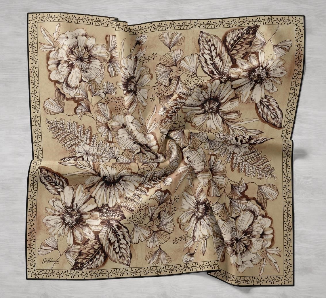 Twill İpek Eşarp Büyük Çiçek Gold 90x90