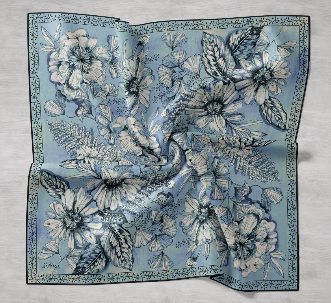 Twill İpek Eşarp Büyük Çiçek Mavi 90x90