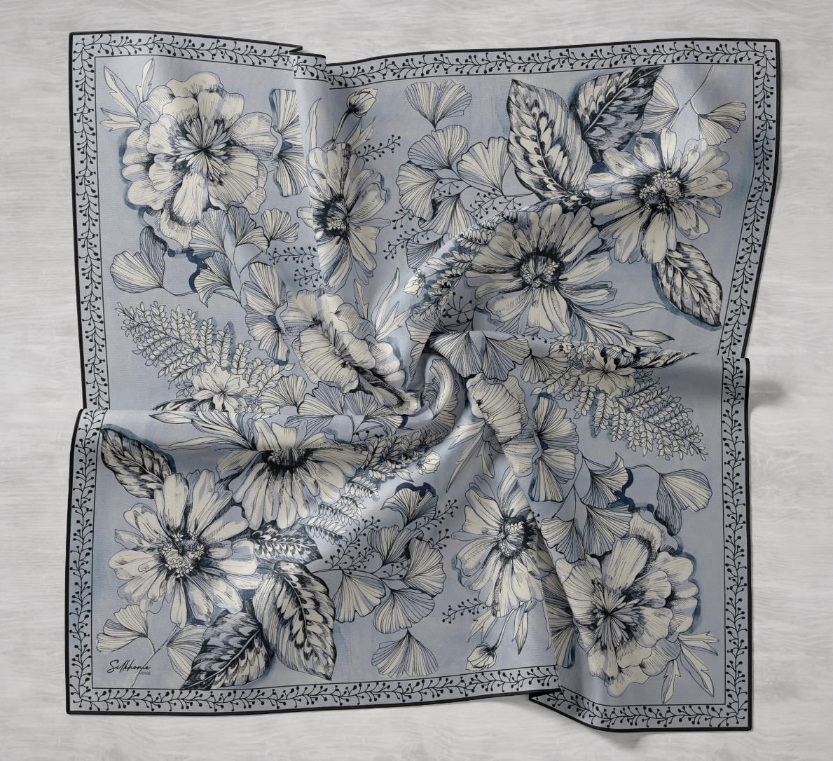 Twill İpek Eşarp Büyük Çiçek Mavi Gri 90x90