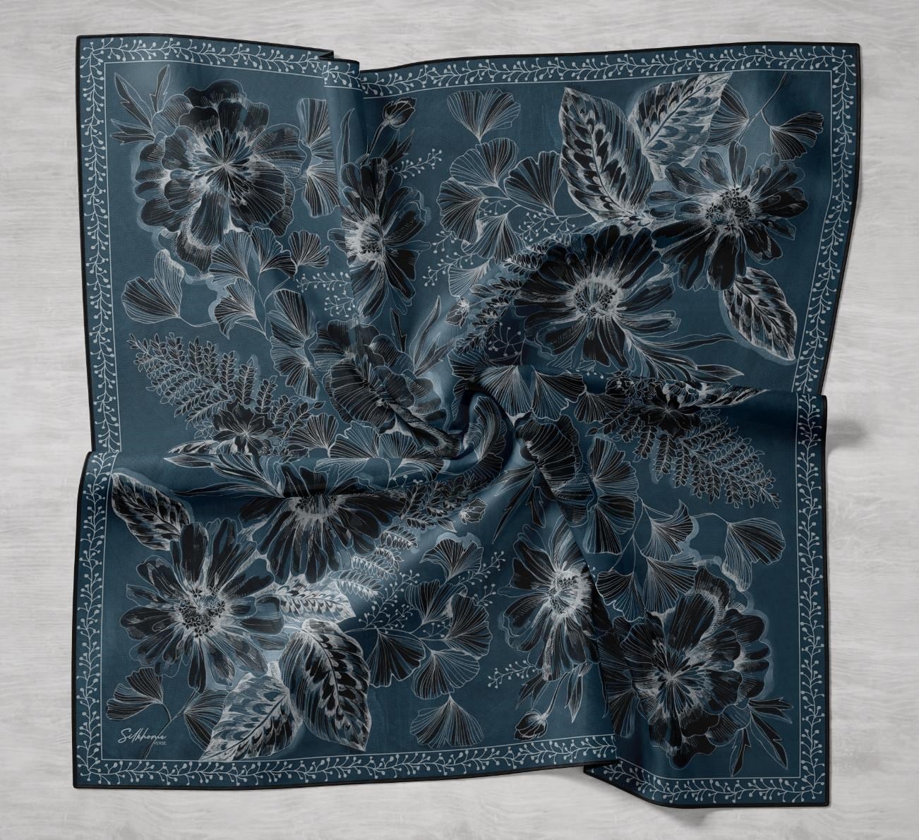 Twill İpek Eşarp Büyük Çiçek Petrol Mavi 90x90