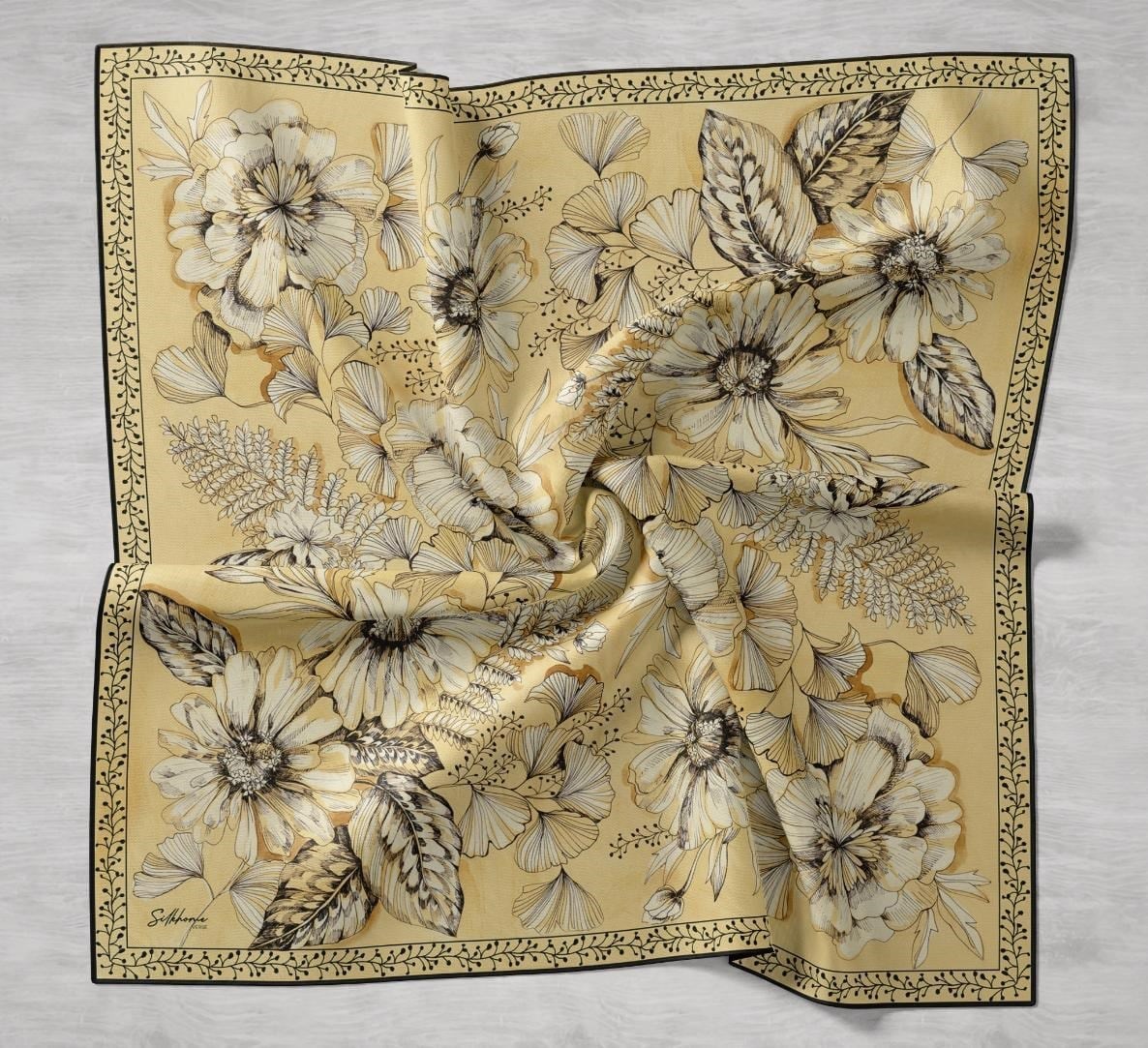 Twill İpek Eşarp Büyük Çiçek Sarı 90x90
