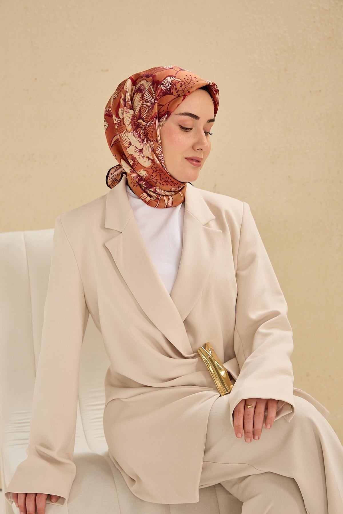 Twill İpek Eşarp Büyük Çiçek Somon 90x90