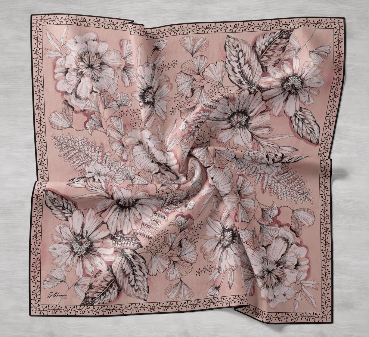 Twill İpek Eşarp Büyük Çiçek Yavruağzı 90x90