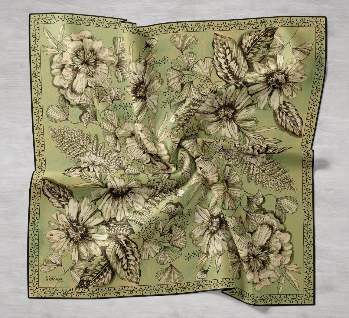 Twill İpek Eşarp Büyük Çiçek Yeşil 90x90