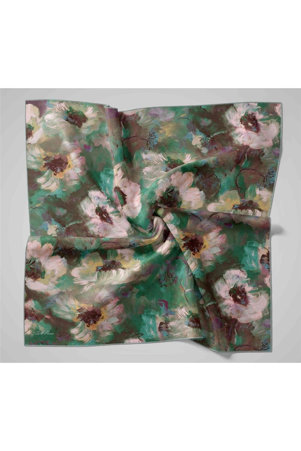 Twill İpek Eşarp Çağla-Koyu Yeşil Desenli Tok Duruşlu 90x90