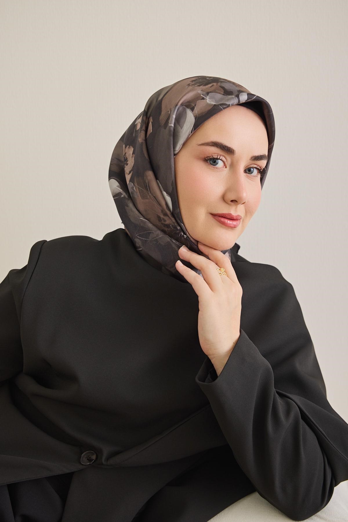 Twill İpek Eşarp Çiçek Desen Antrasit 90x90