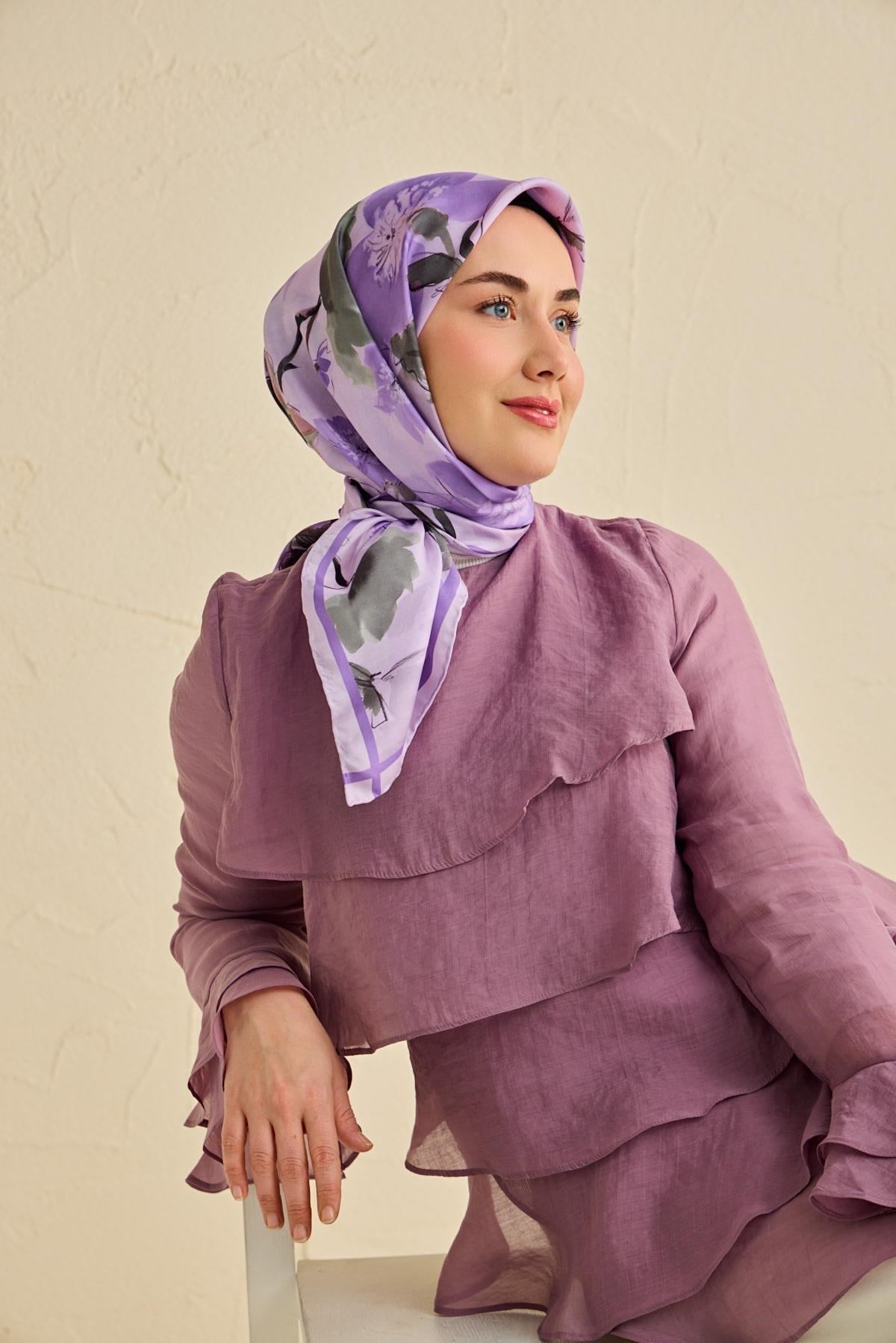 Twill İpek Eşarp Çiçek Desen Soft Lila 90x90