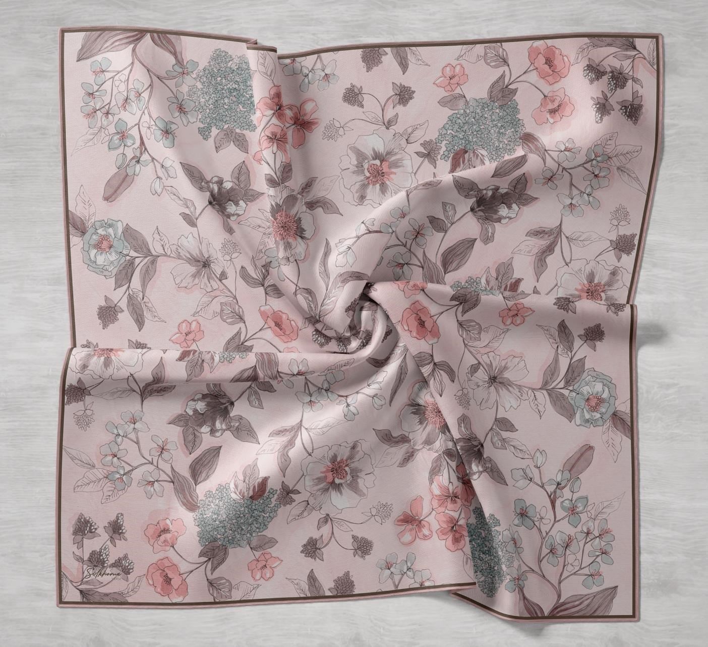 Twill İpek Eşarp Çiçek Rüyası Uçuk Pembe 90x90