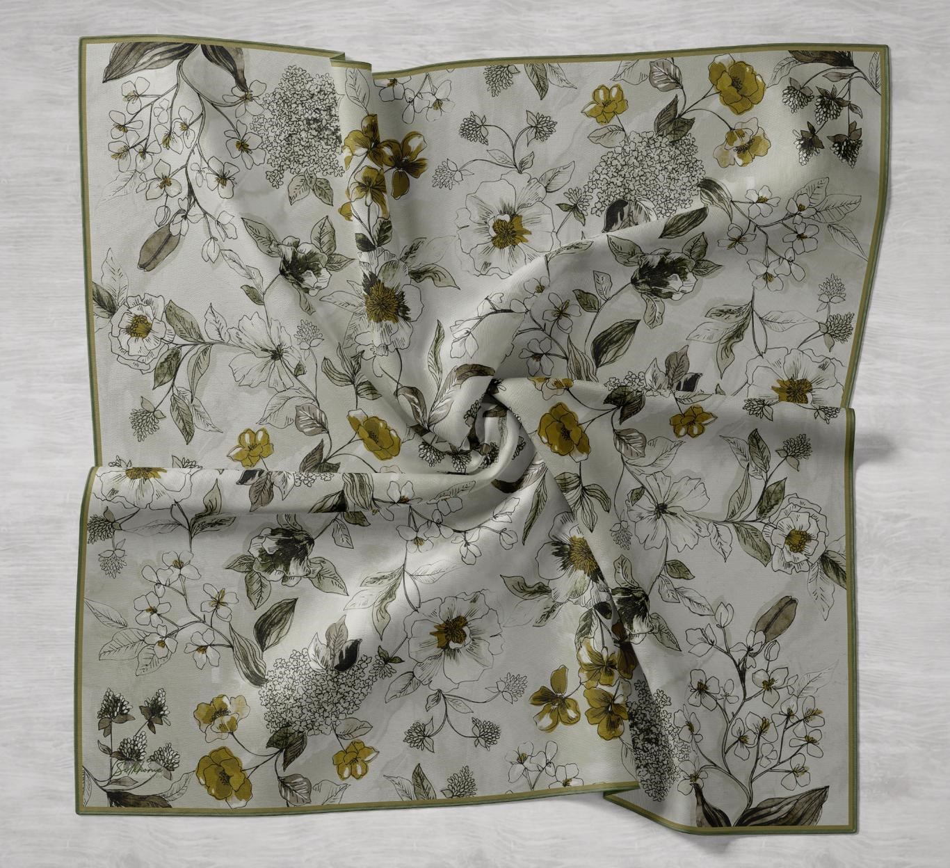 Twill İpek Eşarp Çiçek Rüyası Yeşil Gümüş 90x90