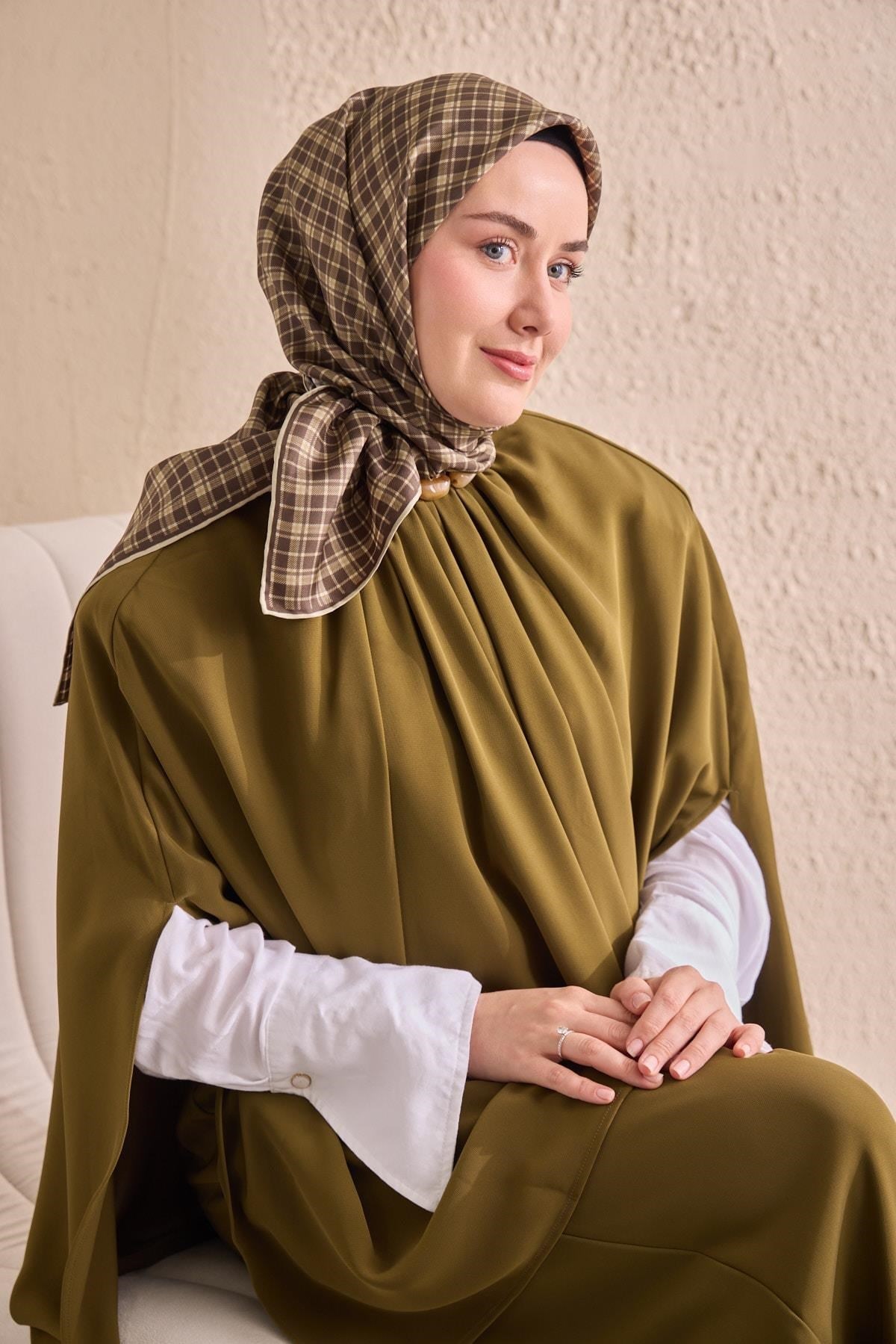 Twill İpek Eşarp Ekose Kahverengi