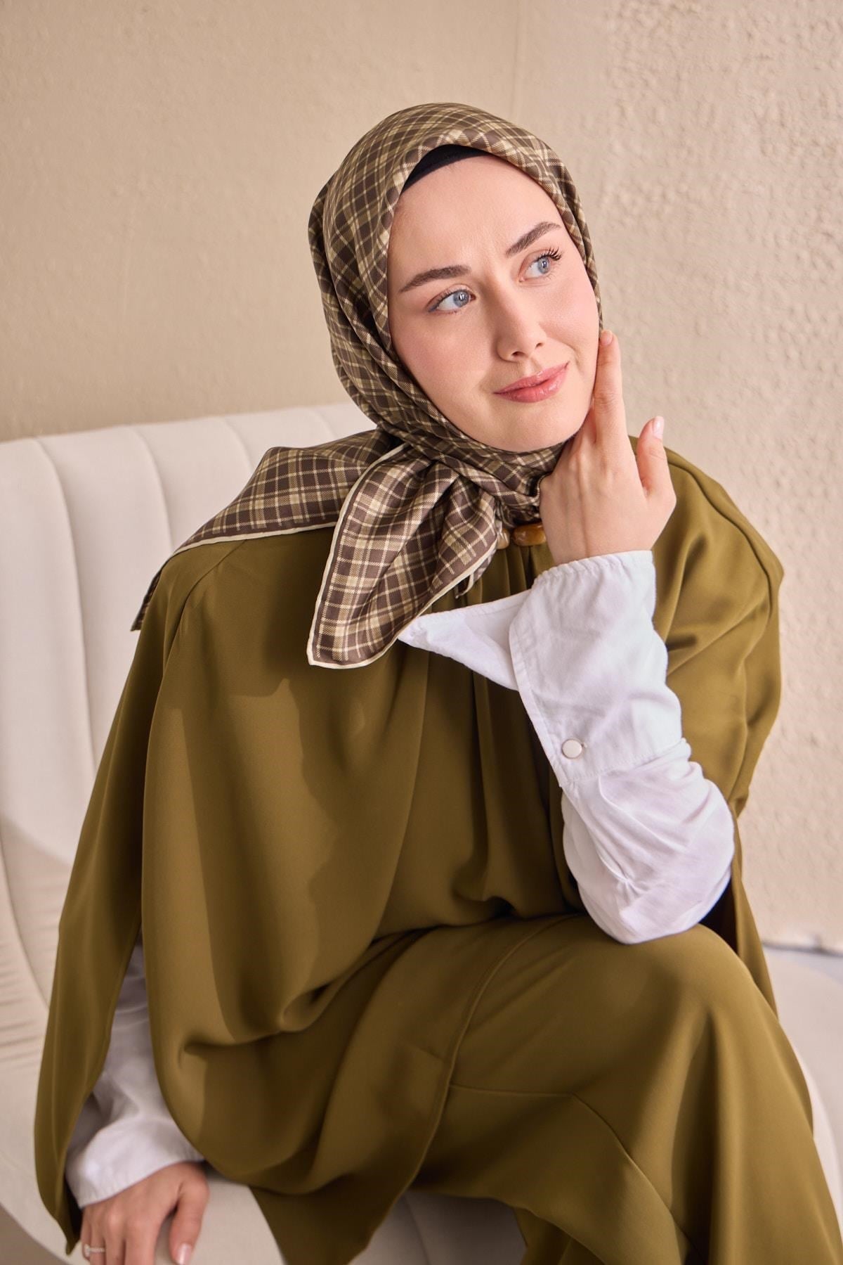 Twill İpek Eşarp Ekose Kahverengi