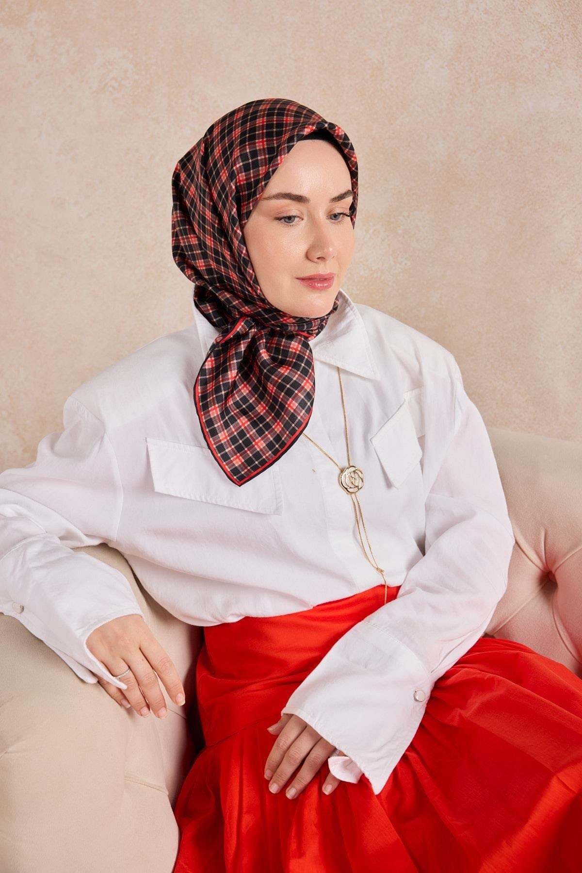 Twill İpek Eşarp Ekose Kırmızı