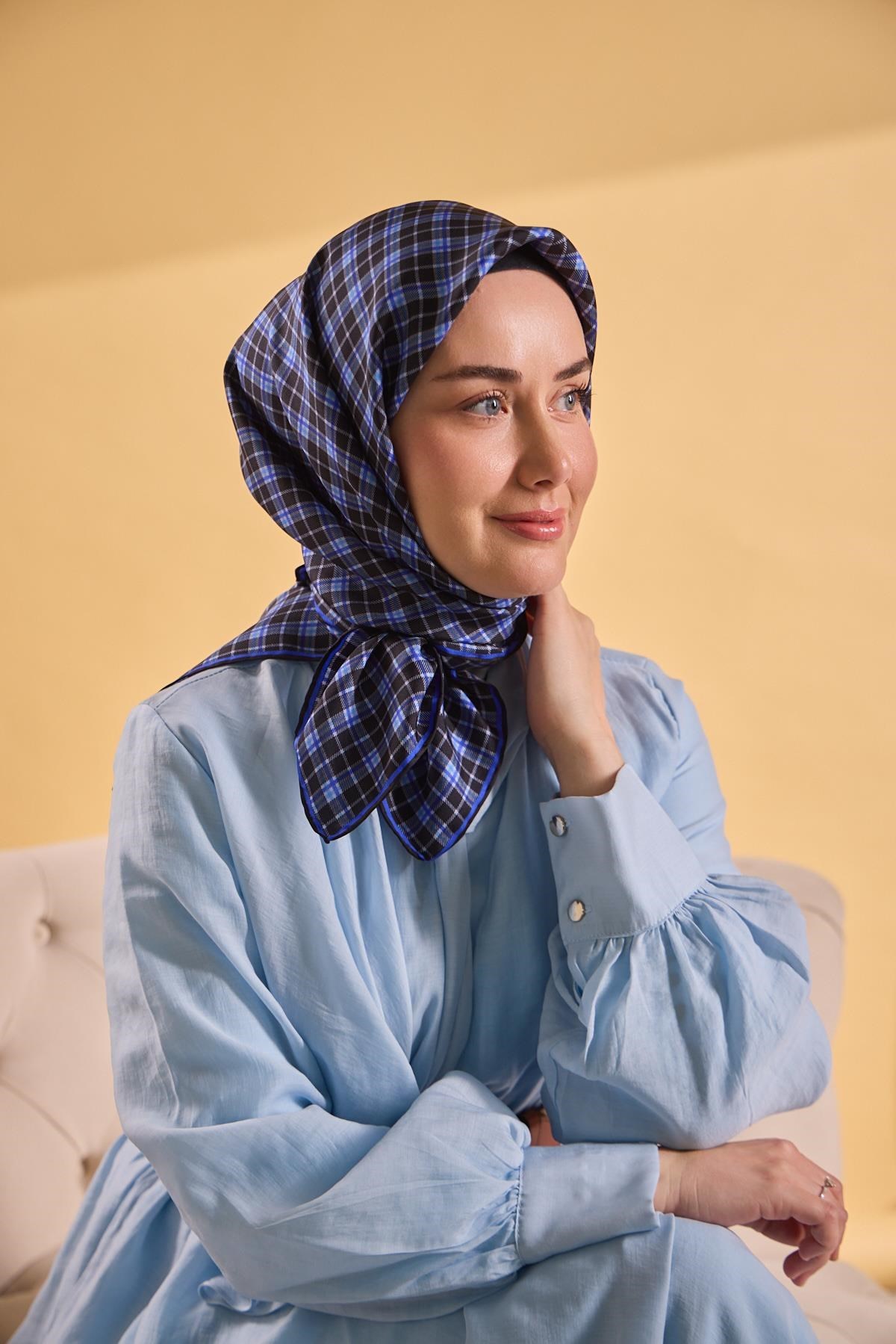 Twill İpek Eşarp Ekose Morcivert