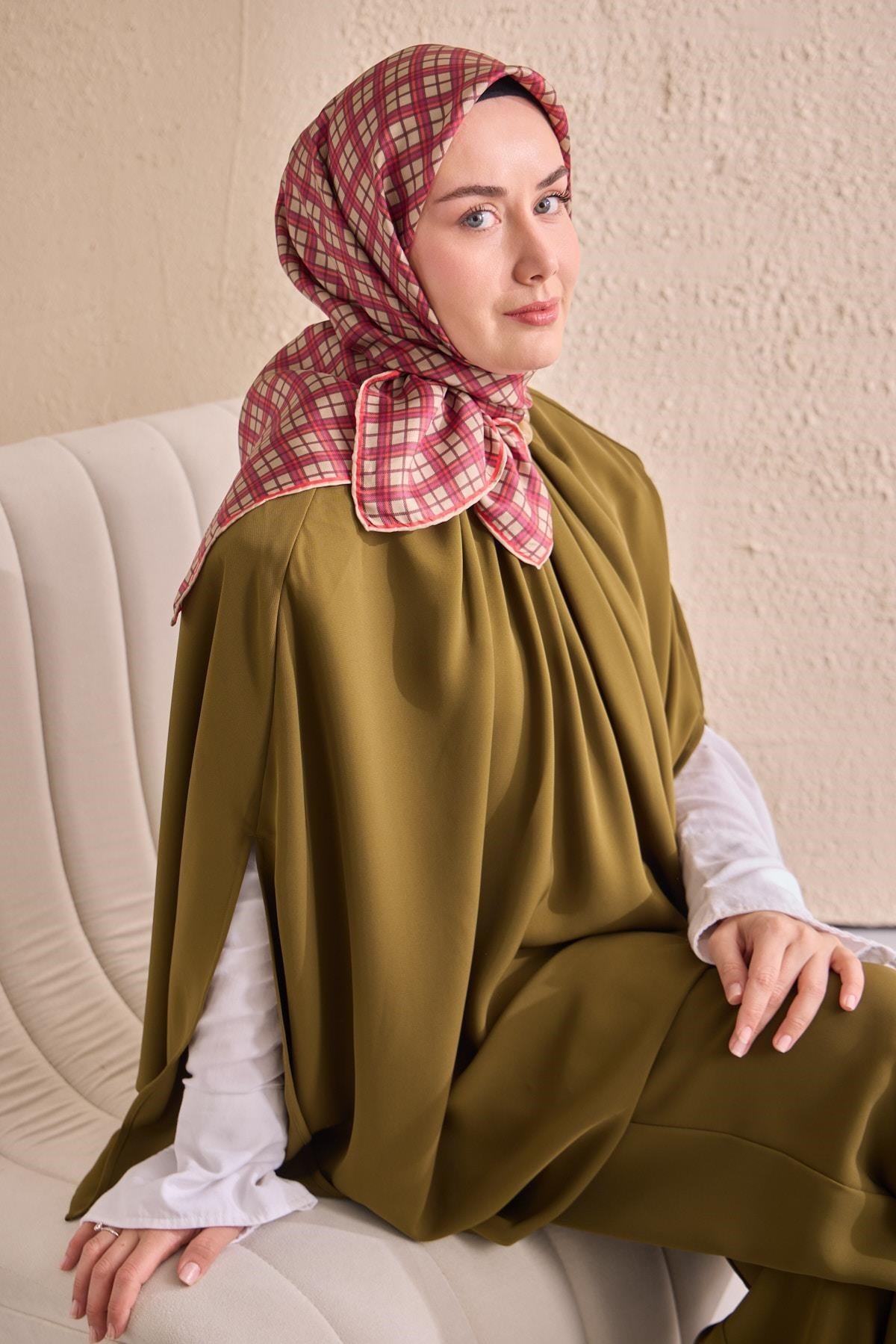 Twill İpek Eşarp Ekose Pembe