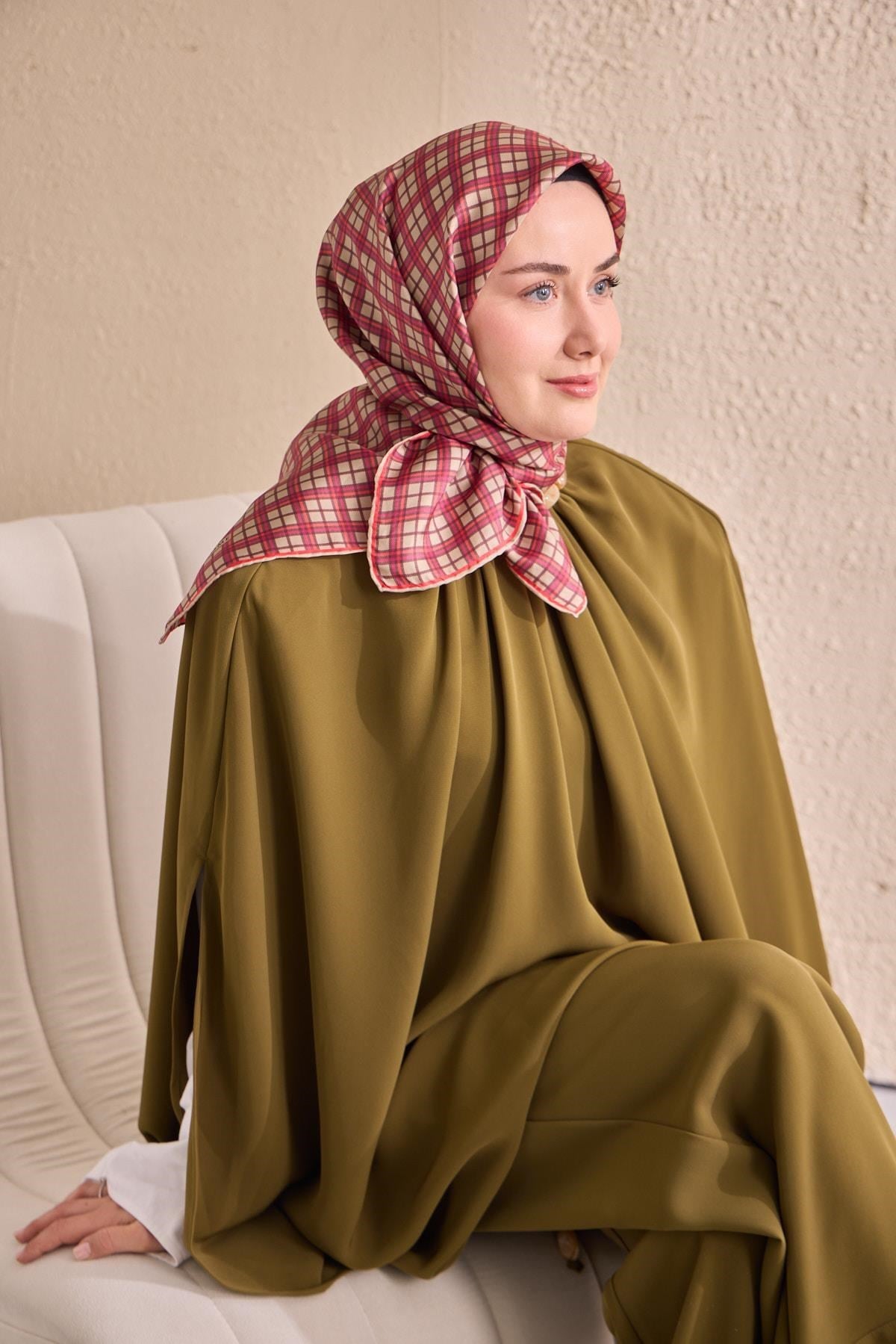 Twill İpek Eşarp Ekose Pembe