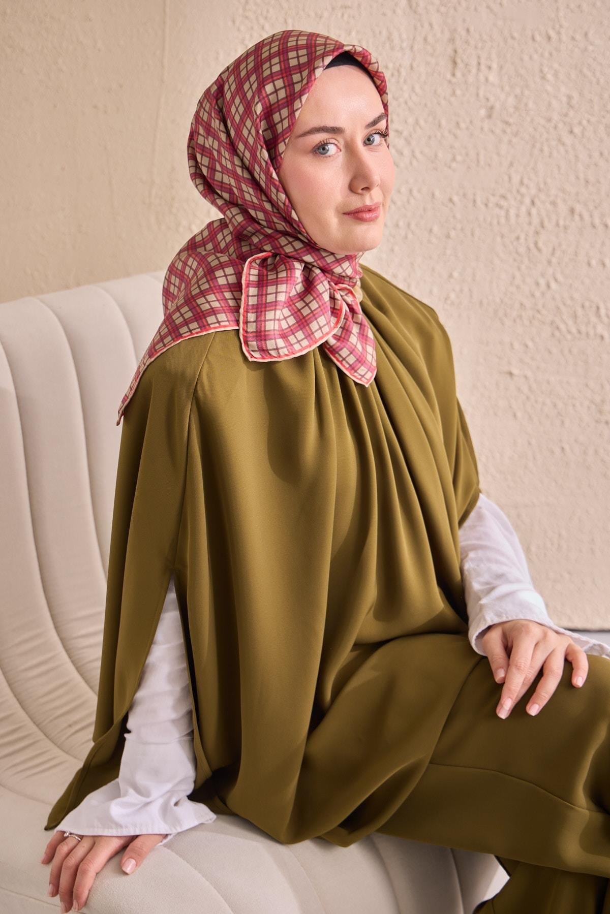 Twill İpek Eşarp Ekose Pembe