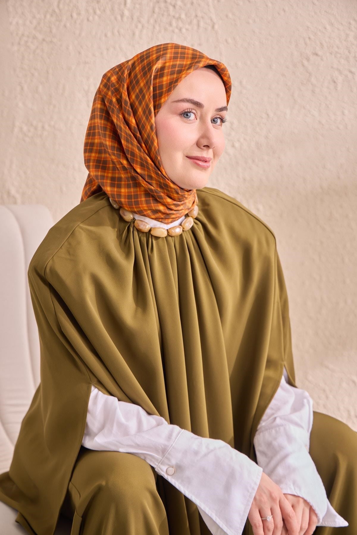 Twill İpek Eşarp Ekose Turuncu