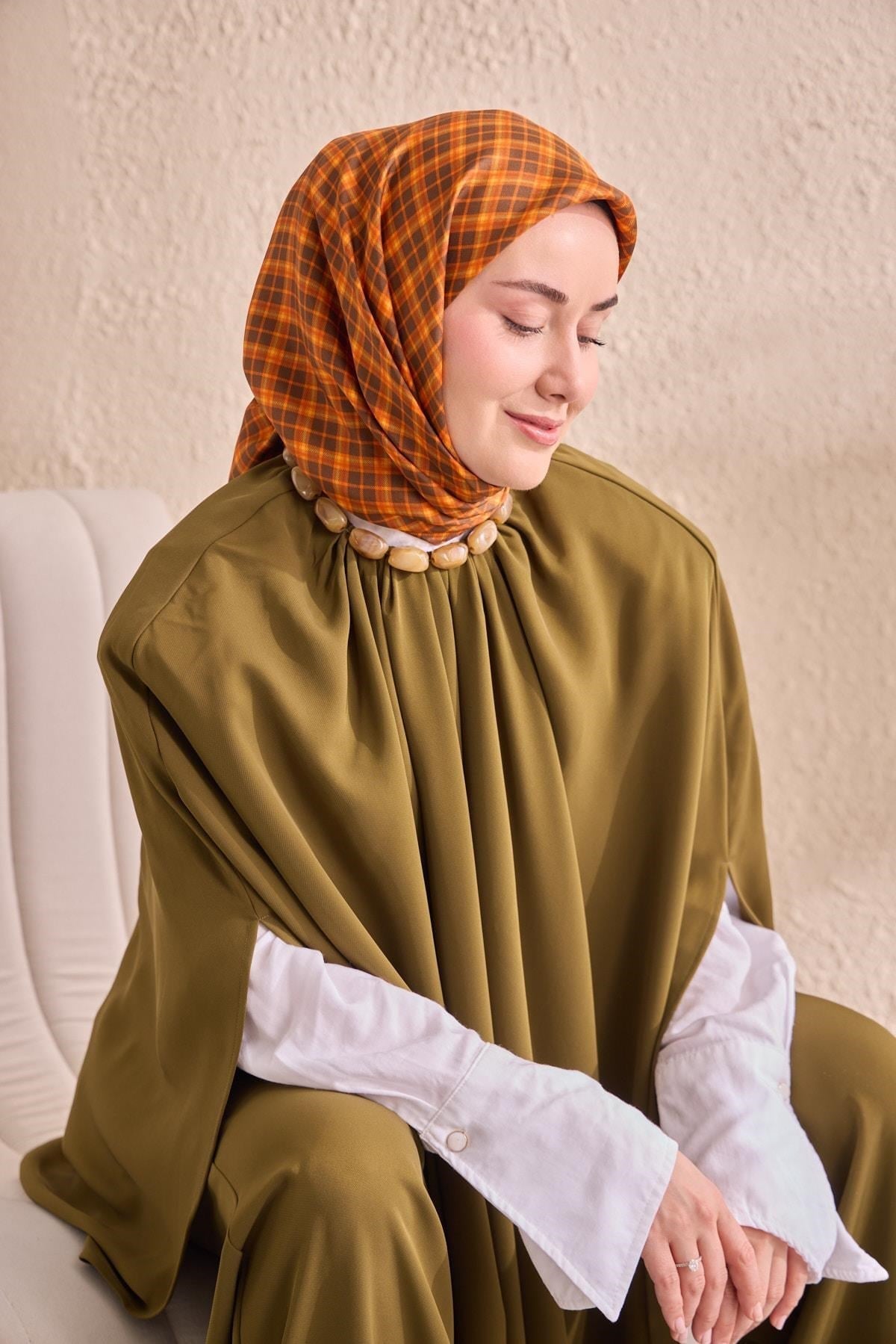 Twill İpek Eşarp Ekose Turuncu