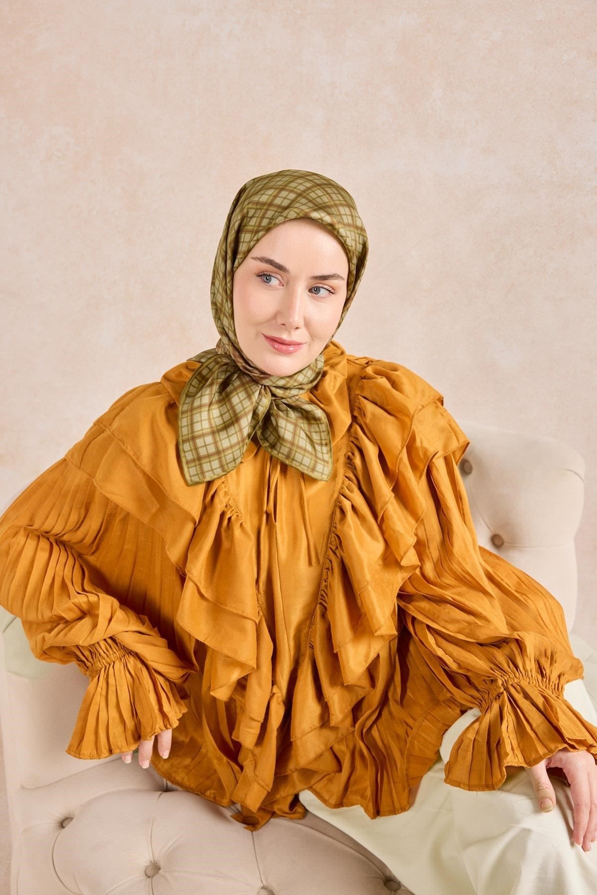 Twill İpek Eşarp Ekose Yeşil Bej
