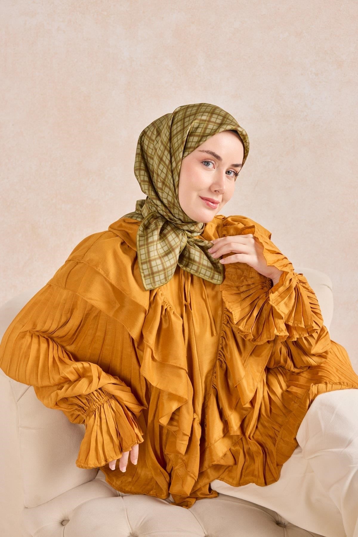 Twill İpek Eşarp Ekose Yeşil Bej