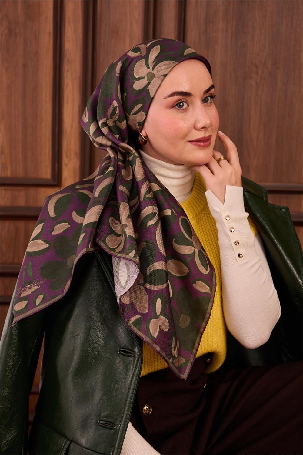 Twill İpek Eşarp Erguvan Yeşil Vizon Papatya Desenli Tok Duruşlu 90x90