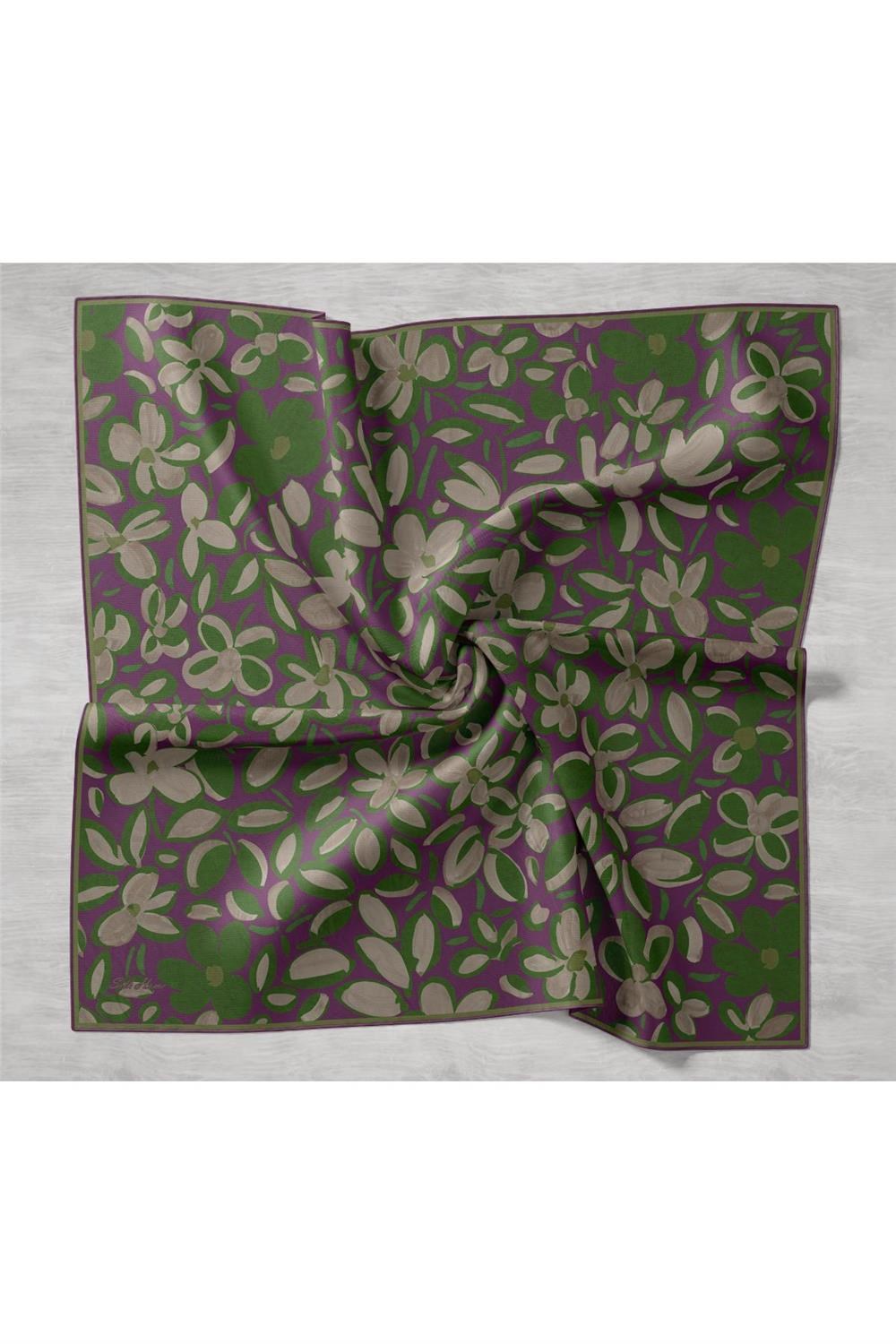 Twill İpek Eşarp Erguvan Yeşil Vizon Papatya Desenli Tok Duruşlu 90x90