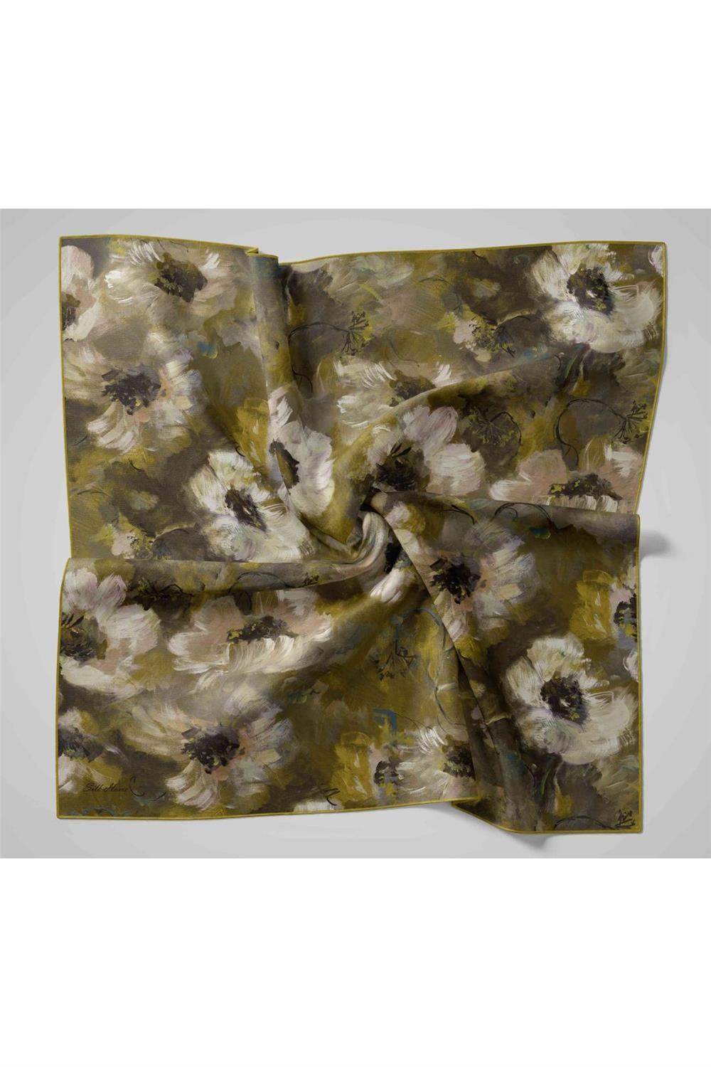 Twill İpek Eşarp Fıstık Yeşili-Koyu Yeşil Desenli Tok Duruşlu 90x90