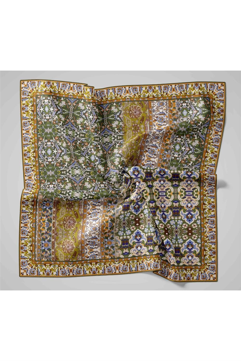 Twill İpek Eşarp Fıstık Yeşili–Turuncu Desenli Tok Duruşlu Kaymaz 90x90